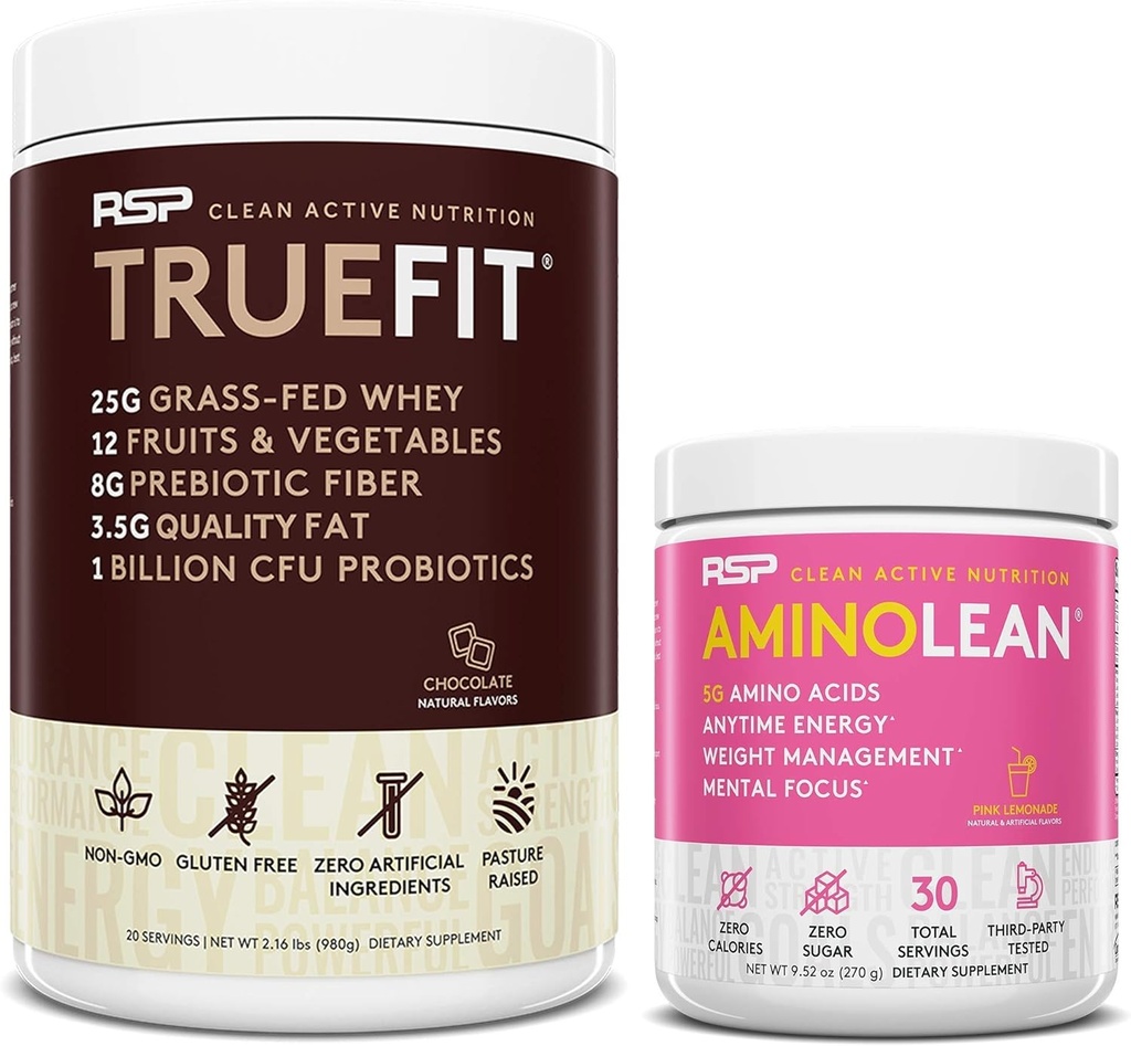 RSP NUTRITION AminoLean pre cvičenie energie (Pink Lemonade 30 Servings) s TrueFit Protein prášok (Cocolate 2 LB)