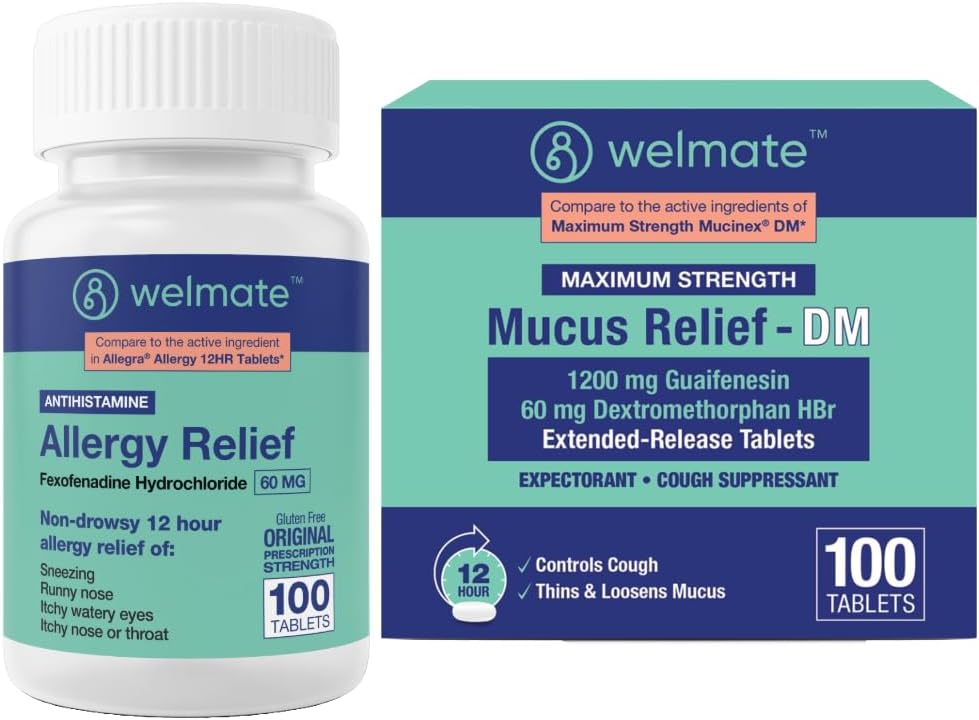 WELMATE celkové respiračné zdravie Bundle: Alergická úľava Fexofenadín HCl 60 mg (100 Ct) 12-hodinové antihistaminiká + maximálna sila hlienu úľava DM 1200 mg Guaifenezín & 60 mg DXM (100 Ct)