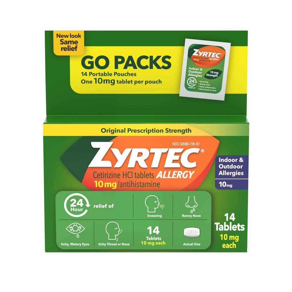 Zyrtec 24 hodinové tablety na úľavu od alergie, antihistaminikum Indoor & Outdoor Antialergy Medicine + Cetirizine HCl, Relief from Runny Nose, Stihnutie, & Svrbiace oči, Jednobalenia, 14 x 1 ct Pakety