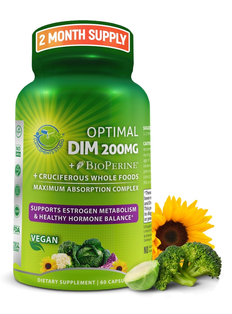 Optimálny DIM 200mg Supplement for Women and Men - Made with Organic Whole Foods - Estrogen & Hormone Balance Support Diindolylmetán Complex - Maximálna absorpcia Oneskorené-Release Kapsule - 60 Počet