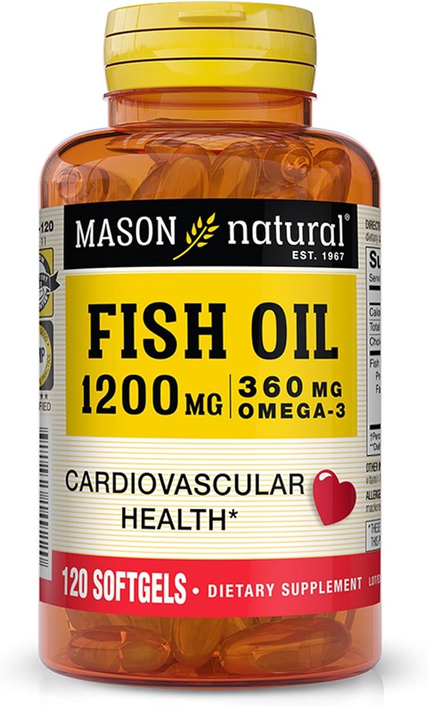 MASON NATURAL Fish Oil 1,200 mg Omega-3 360 mg - zdravé srdce, podporuje obehové funkcie, zlepšenie kardiovaskulárneho zdravia, 120 Softgels