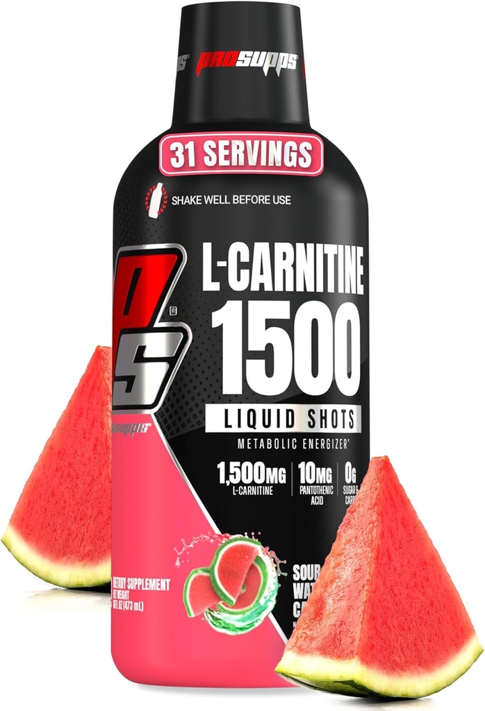 PROSUPPS L-karnitín Tekutina 1500, Stimulant-bez kvapaliny Shoty pre mužov a ženy - Čistá predprášok nápoj pre energiu, Výkon a svalová obnova - bez cukru, bez karbov - 31 Slúži, Vodový melón Candy
