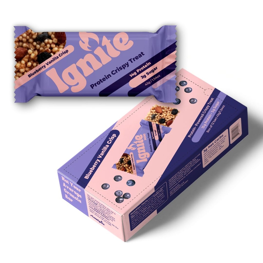 Ignite Bary Crispy Keto Rice Treat - vysoký obsah bielkovín, nízky obsah cukru a nízky obsah tuku Snack - bez viny Jedlo a Fiber Priateľské Bary pre zdravých dospelých (Blueberry Vanilla Almond)