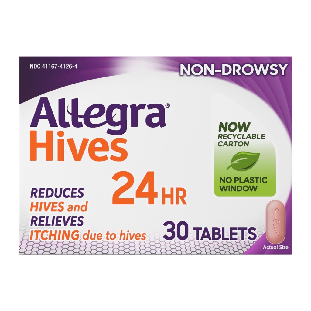 Allegra Hives Antihistaminikum 24-hodinové tablety, Redukcia non-Drowsy Hive a úľava na Hive svrbenie, 180 mg Fexofenadín HCI, 30-Count
