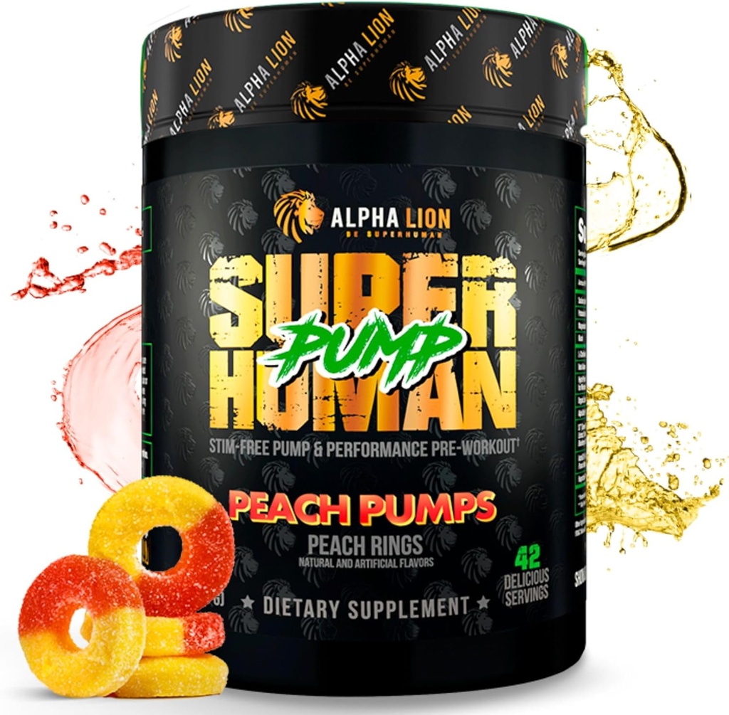 ALPHA LION Superhuman Pump Pre Cvičenie prášok, Nootropic kofeín a STIM Free Preworkout Supplement, Nitric Oxide Booster, Muscle Gainer, Energy & Focus (42 slúži, Peach čerpadlá chuť)