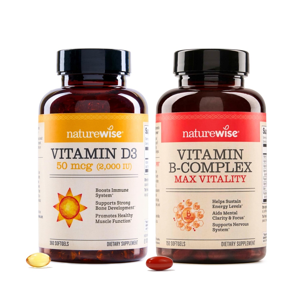 NatureWise Vitamín D3 2000iu 360 Gróf a vitamín B komplex 150 Softgels - zdravá svalová funkcia, imunitná podpora, bunková energia, duševná jasnosť