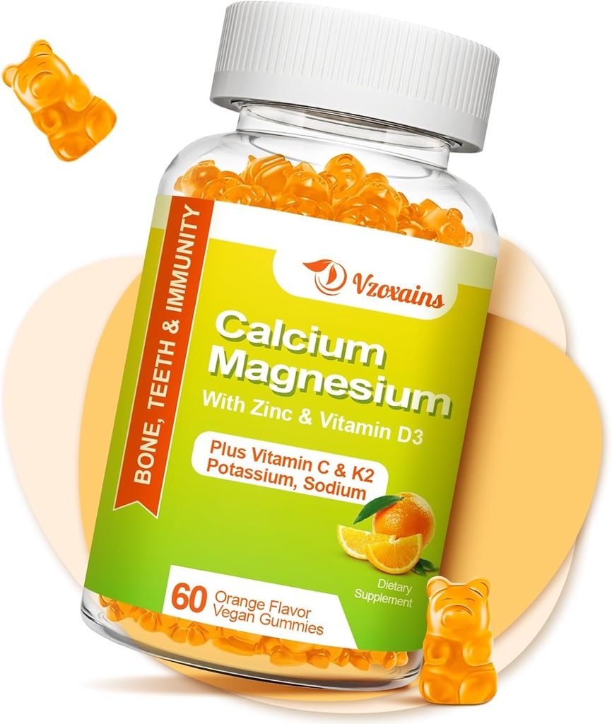 Vysoká absorpcia kalcium Gumies, bezcukrový vápnik horčík doplnok s draslíkom vitamín D3 pre mužov a ženy - Vegan, Orange chuť 60 Cts