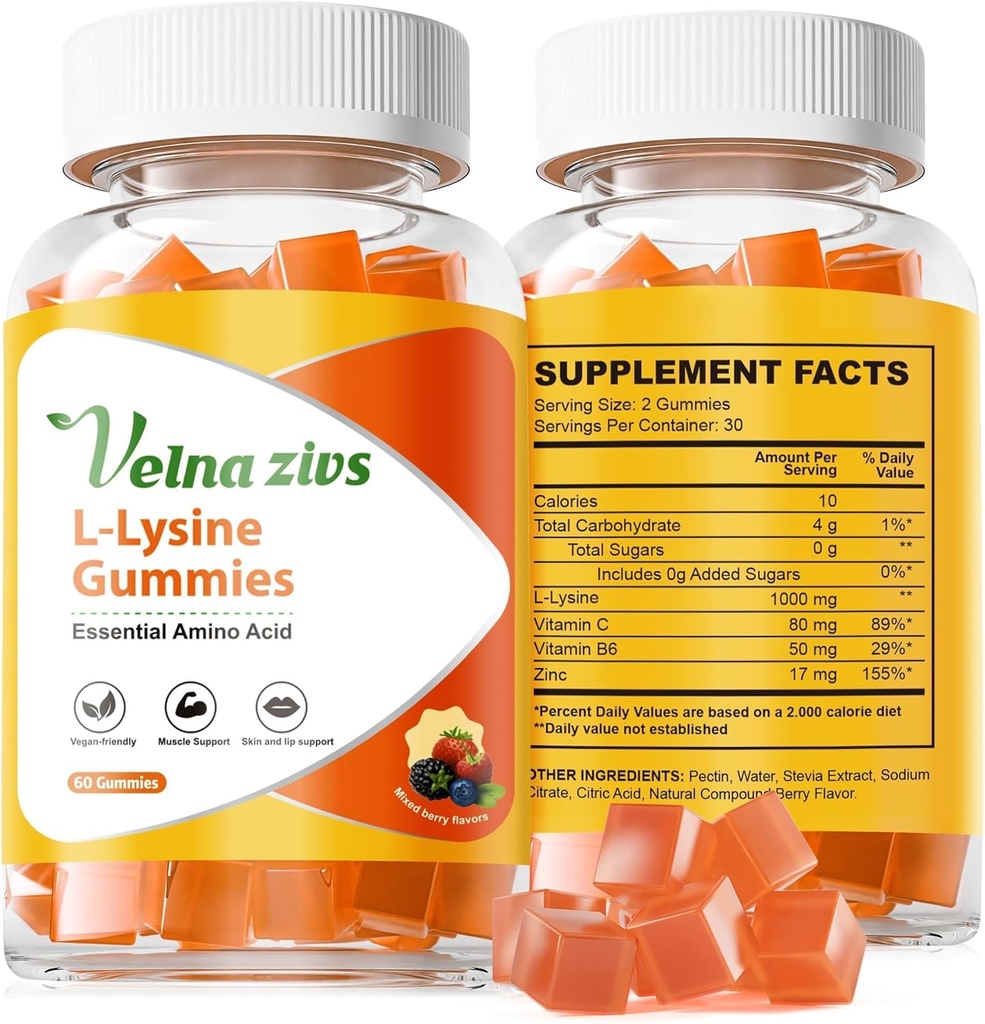 L-lyzín Gummies 1000mg, Žuvateľné Lyzínové doplnky pre dospelých, Lyzín bez cukru pre studenú bolesť* Liečba, Imunitná podpora s vitamínom, kože a pier zdravie*, Vegan, Non GMO, 60 Počet
