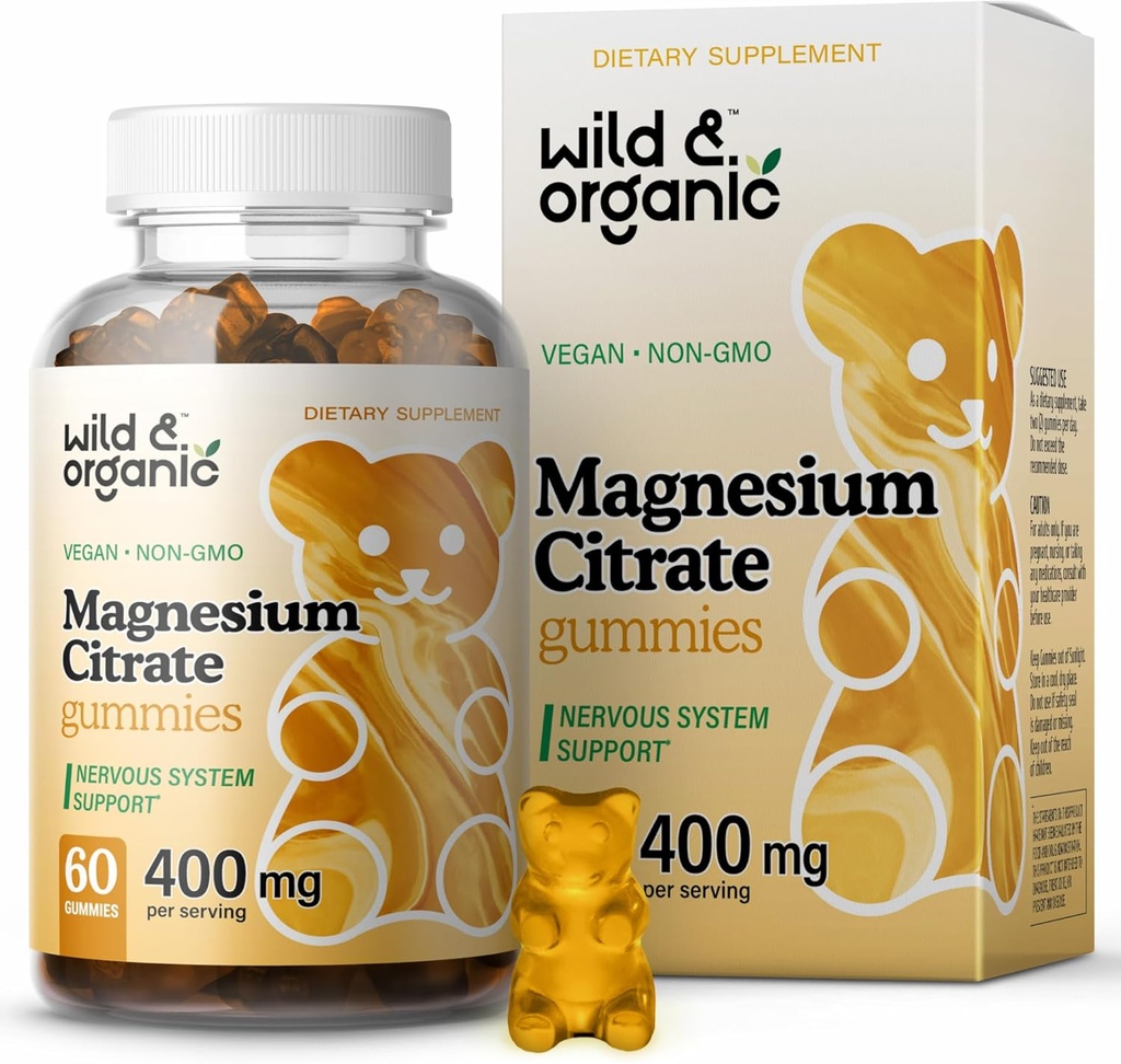 Wild & Organic Magnézium Citrate Gummies 400 mg - Relaxačné Chewables pre pokoj a náladu - Ukľudňujúce horčík Citrát Supplement - 60 Vegan, Non-GMO prášok Chews