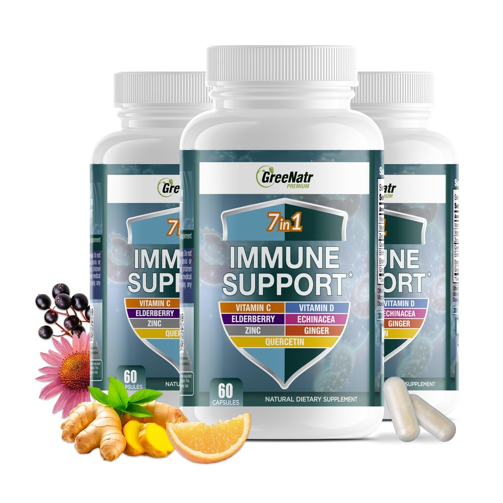 GreeNatr Immune Suplement with Vitamin C, D3, Zinok 50mg, Quercetin, Echinacea Purpurea, Sambucus Elderberry and Ginger for Complete Immune Defense - 60 Kapsule (3 fľaše)
