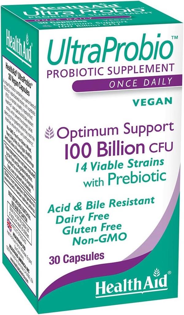 HealthAid UltraProbio, 100 miliárd 30ct Raz denne Kapsule, Optimum Support, 100 miliárd s Prebiotikom, Acid & Bile Resistant, non-GMO