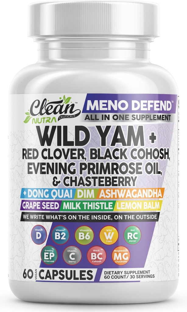 Clean Nutra Wild Yam Root Capsules with Red Clover Black Cohosh Evening Primrose Oil Chasteberry Dong Quai DIM Ashwagandha Grape Seed Extract Milk Thitle Lemon Balm and more Hormone Balance for Women