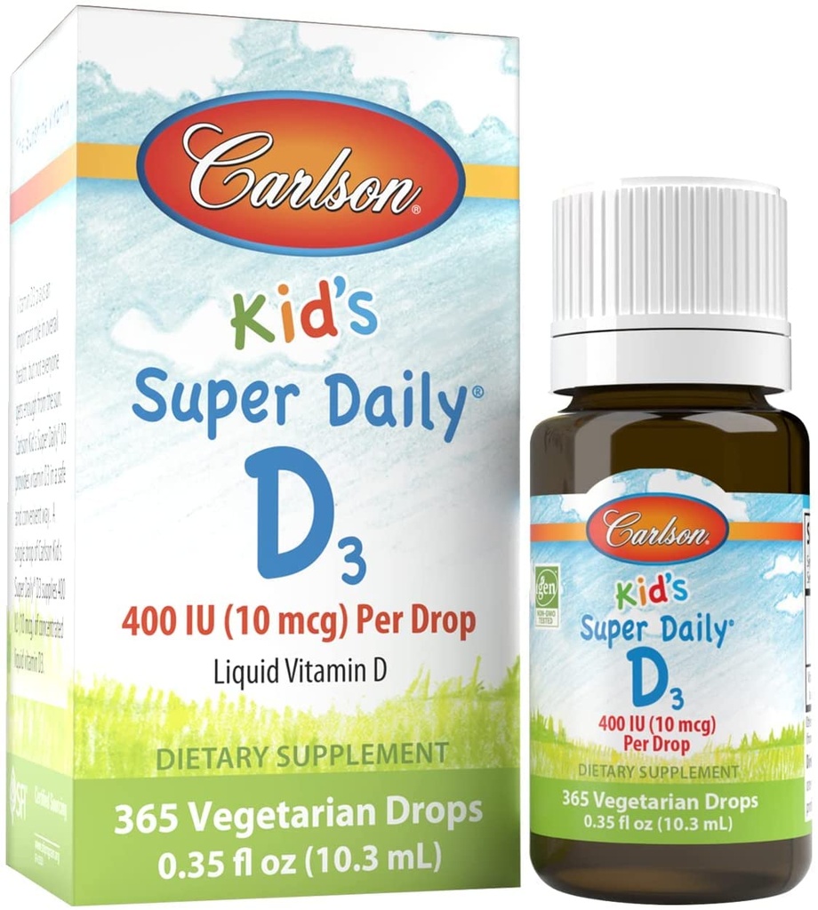 Carlson - detský Super Daily D3, vitamín D kvapky pre deti, 400 IU na kvapku, 1-ročná zásoba, zdravie srdca a imunity, vegetariánska, tekuté vitamín D kvapky, bez príchute, 365 kvapiek