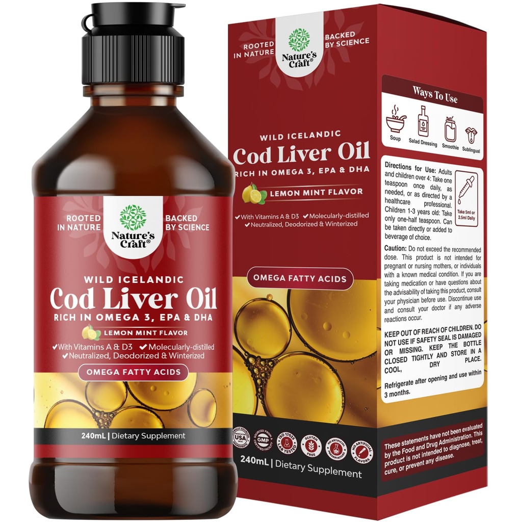 Iceland Wild Caught Cod Liquid Liquid Liquid - Fish Oil Drops with Omega 3, EPA, DHA, Vitamín D & A - Liquid Cod Pečeň Supplement for Heart, Joint, Brain & Immune Support - 240 ml (8 ounce)