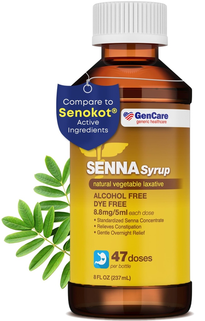 GenCare - Senna Sirup Liquid Laxative (8 Fl Oz fľaša) Všetky prírodné zeleninové Senozidy Aktívna zložka 