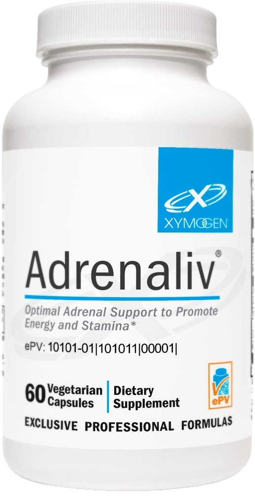 XYMOGEN Adrenaliv - Adrenal podpora doplnok na podporu reakcie tela na stres, podporovať energiu a vytrvalosť - Rhodiola Rosea, Eleuthero, Adrenal Complex, sladké drievko, vitamín B6 (60 kapsúl)