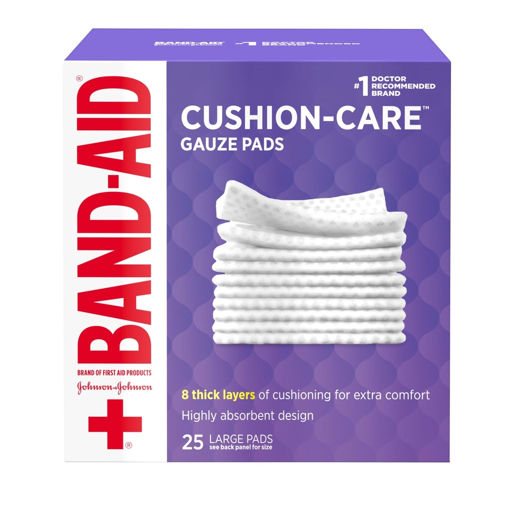 Band-Aid Brand Absorbent Cushing Care Sterilné námestie Gauze Pads for First Aid Protection of Minor Cuts, Scrapes & Burns, non-Adhesion, Wound Care Dressing Pads, Large, 4 in x 4 in, 25 ct