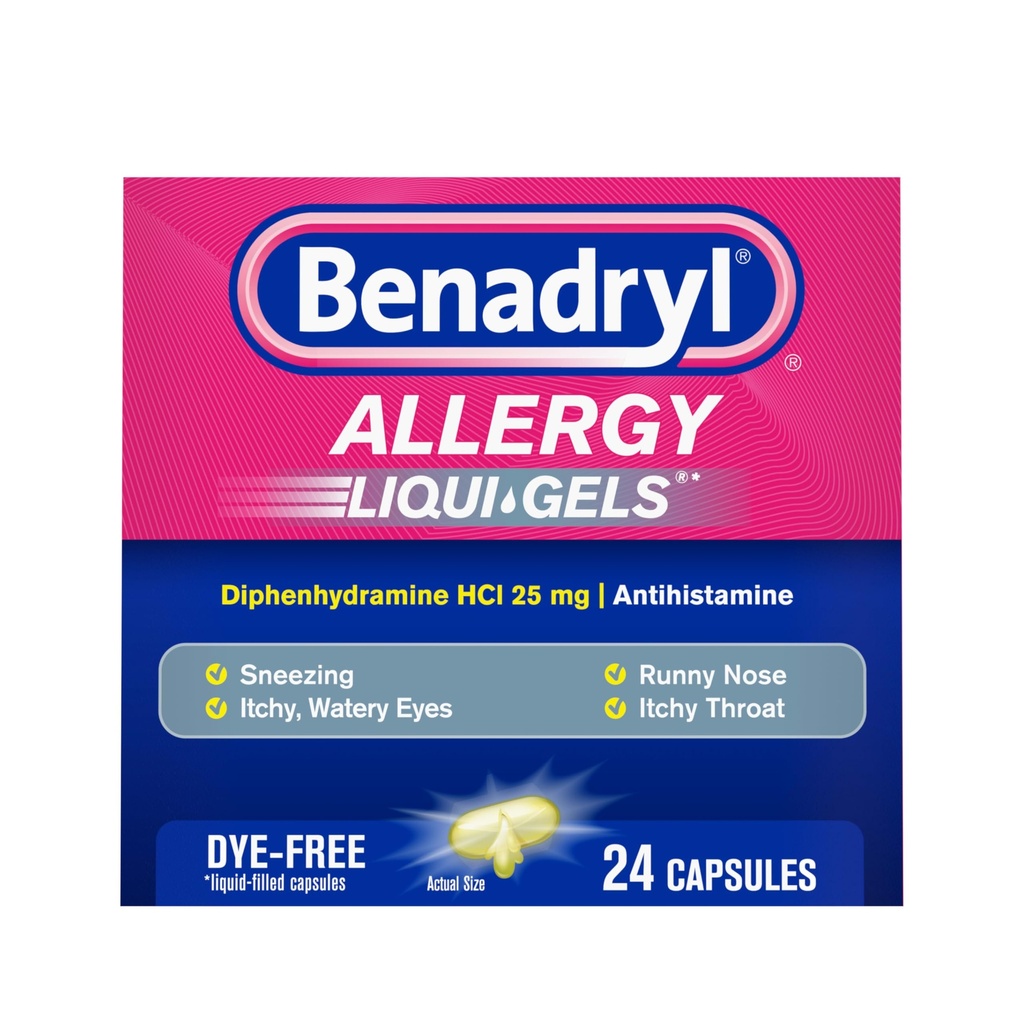 Benadryl Liqui- Gels Alergická medicína, bezfarbené tekuté gélové kapsuly s 25 mg difenhydramínu HCl Antihistaminika na zmiernenie alergie a studených príznakov, ako je Runny Nos a sipot, 24 ot
