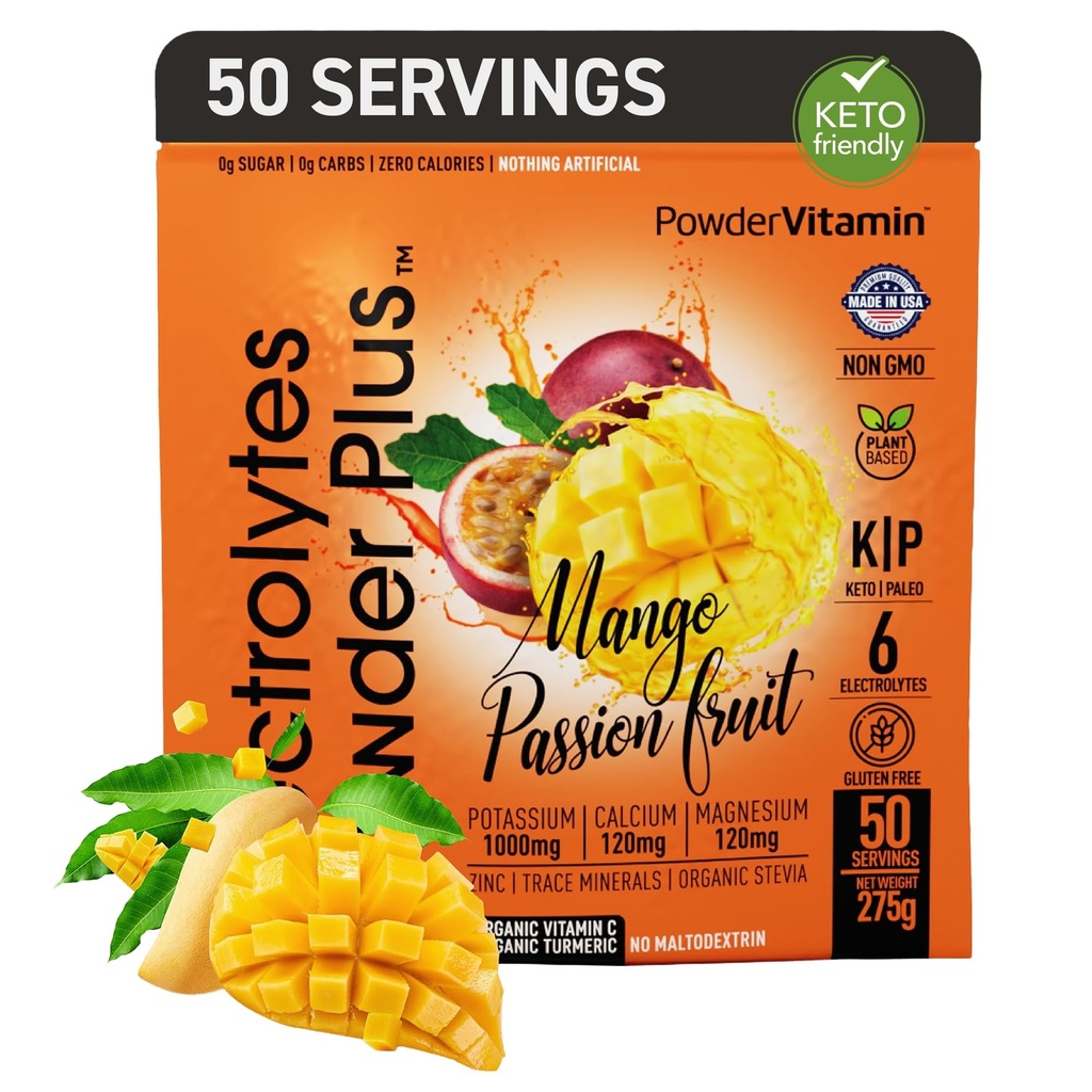 Prášokvitamín Electrolytes prášok Plus (50 Servings) Mango musionfruit Electrolyte prášok Zero Calorie Keto, 0 cukor, No Maltodextrín, 1000mg draslík, 120mg vápnik, 120mg horčík, hydratačný prášok