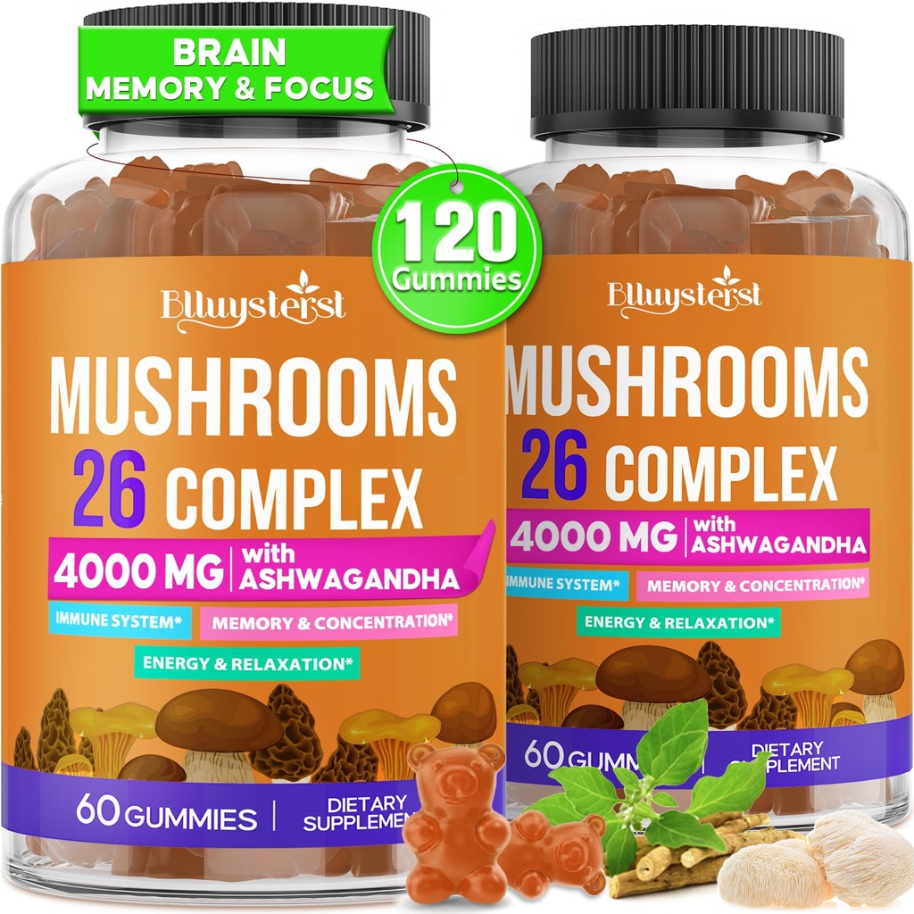 Huba Gummy pre dospelých 4000mg, Mozog Doplnky pre pamäť a zaostrenie, 26 v 1 Huba Supplement Complex s Ashwagandha & Lion Mane, Turecko chvost, Reishi, Cordyceps, Organic, 120 Count
