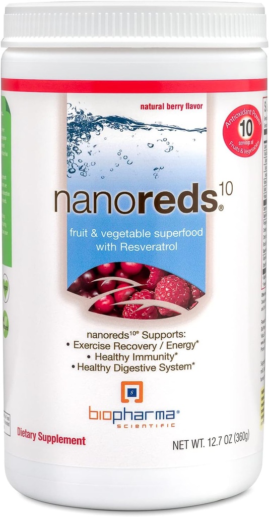 Biopharma Scientific Nanoreds: Reds Superfood Ovocný a zeleninový prášok Smoothie Mix for Digestive Health & Imunity with Antioxidants, VitaminC, Elderberry, Pomegranate, Berry Flavor, 30 Servings