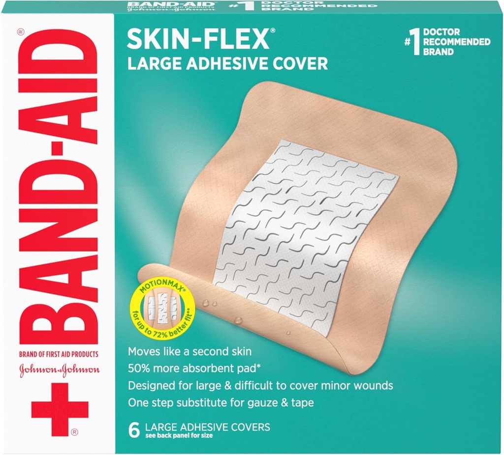 Band-Aid Brand Lepšia adhezíva Flexibilné kryty rany pre prvú pomoc starostlivosť o rany malých rezov, šrapne a popáleniny, s pohodlným pocitom, pohybujúce sa ako druhá koža, Sterilný, veľký, 6 ct