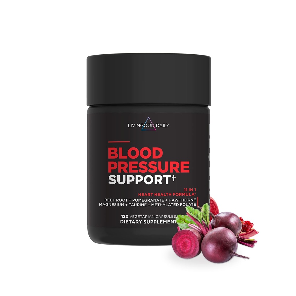 Livingood Denná podpora krvného tlaku, Heart Health Supplement for Men & Women with Beet Root, Pomegranate, Hawthorn, Horčík a Taurín, Kardiovaskulárna podpora Formula, Vegan, 120 Kapsule