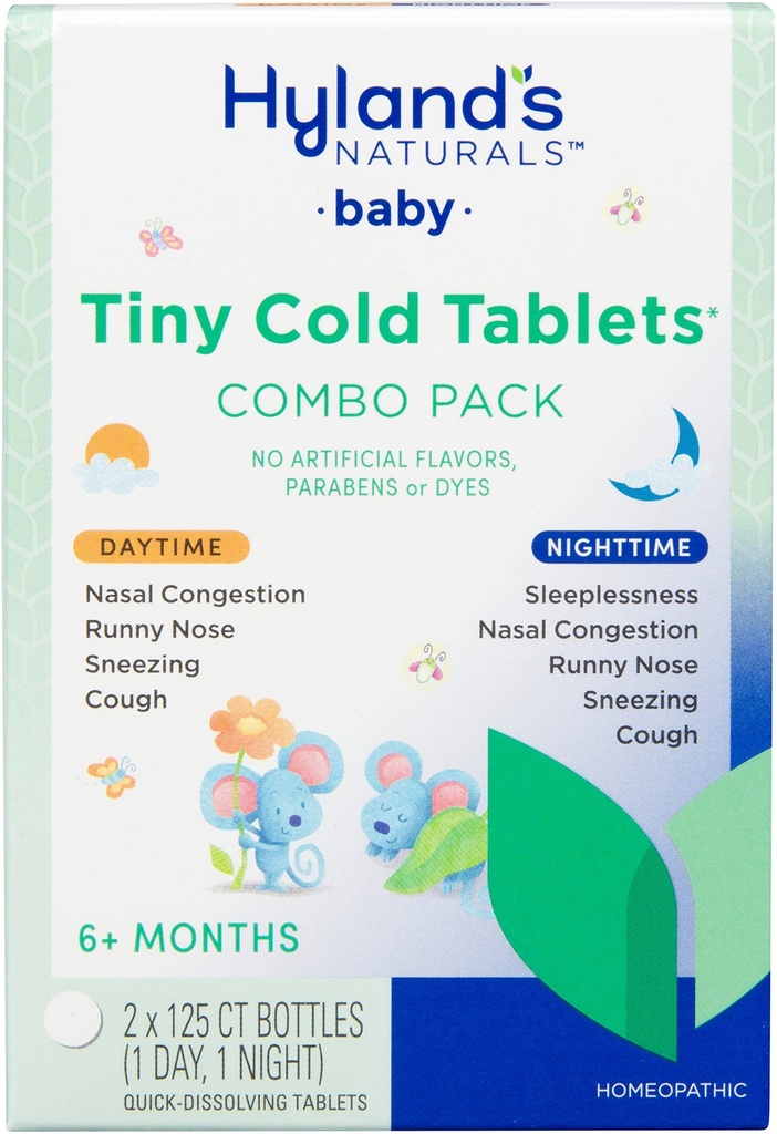 Hylands Baby Tiny Cold Tablets, Day and Night Value Pack, Infant and Baby Cold Medicine, Decongestant, Runny Nose and Cough Relief, 250 Quick-Disolving Tablets