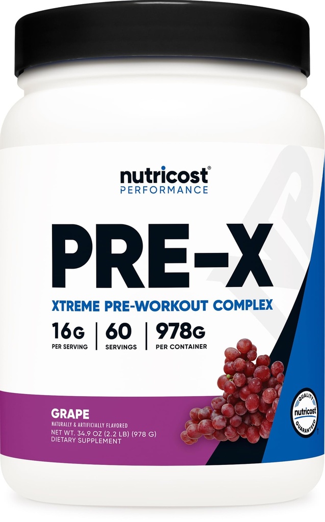 Nutricost Pre-X Xtreme Pre-Work-out Complex prášok, Hrozno, 60 Servings, Vegetarián, non-GMO a Gluten Free