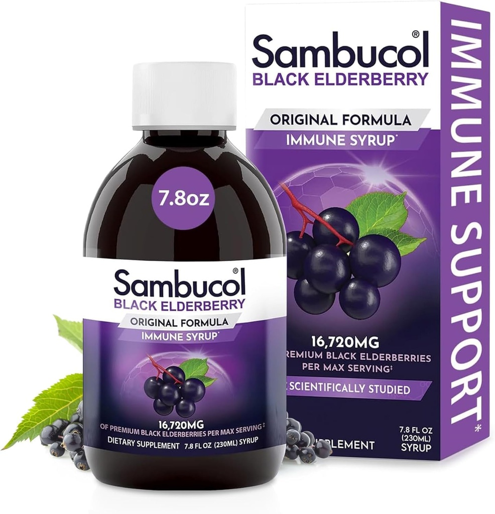 Sambucol Black Elderberry Sirup - Sambucus Elderberry Sirup pre dospelých Immune Support, Elderberry Liquid, Elderberry Extract, Gluten Free - 7,8 Fl Oz