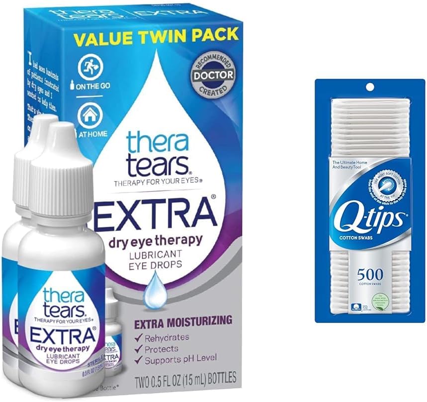 TheraTears Extra suché očné kvapky 0,5 fl oz 2 Počet s Q-Tips 100% Cotton Swabs 500 Počet
