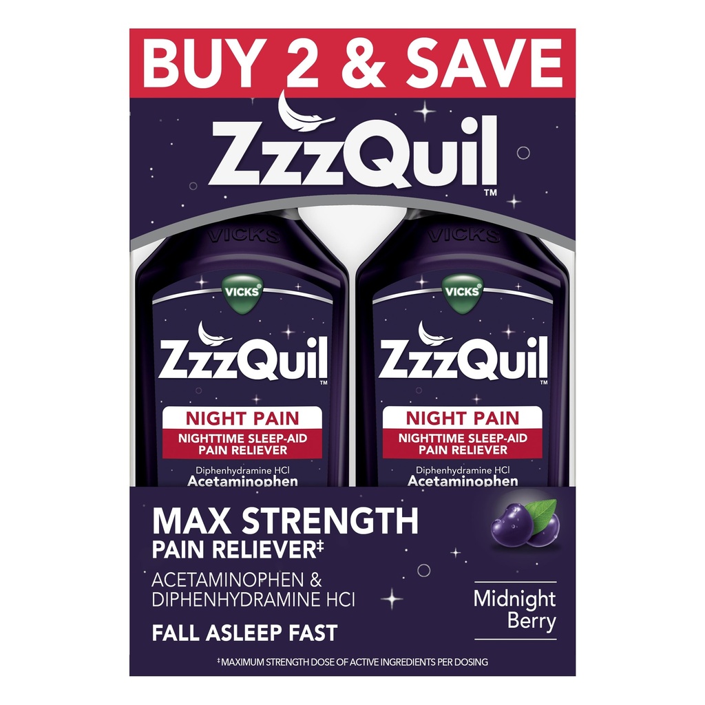 ZzzQuil Liquid, Max Strength Pain Reliever, Nighttime Sleep Aid Liquid, Acetaminofen 1000mg, Difenhydramín 50mg HCI, Non-Habit formovanie, Midnight Berry Ochutené, 2 balenie, 24 FL OZ