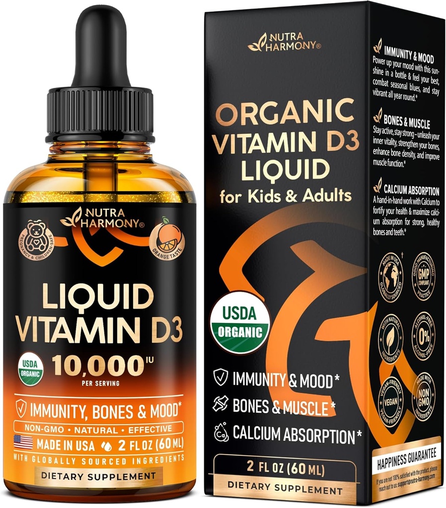 USDA Organic Vitamín D3 10000iu - Vitamín D kvapky pre dojčatá, deti a dospelých, Tehotenstvo a deti Bezpečné - Imunitný systém, Mood, Bone Health & Muscle Support - Natural Orange Taste - 2 fl oz, 60 ml