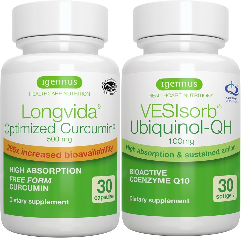Longvida Curcumin 500mg + VESIsorb Ubichinol-QH Advanced CoQ10 100mg Bundle, Ultra Biodostupný Curcumin s Biodostupným & Fast-Acting Ubichinol, Igennus