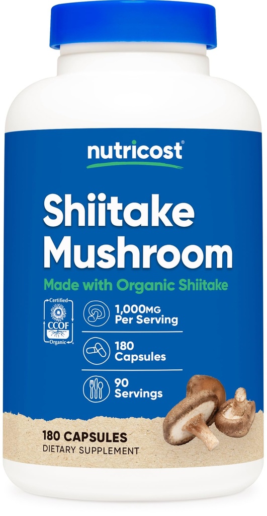 Nutricost Organic Shiitake Mushroom Kapsule 1000mg, 90 Servírovanie - CCOF Certified Made with Organic, Vegetarian, Gluten Free, 500mg per capsule, 180 Kapsule