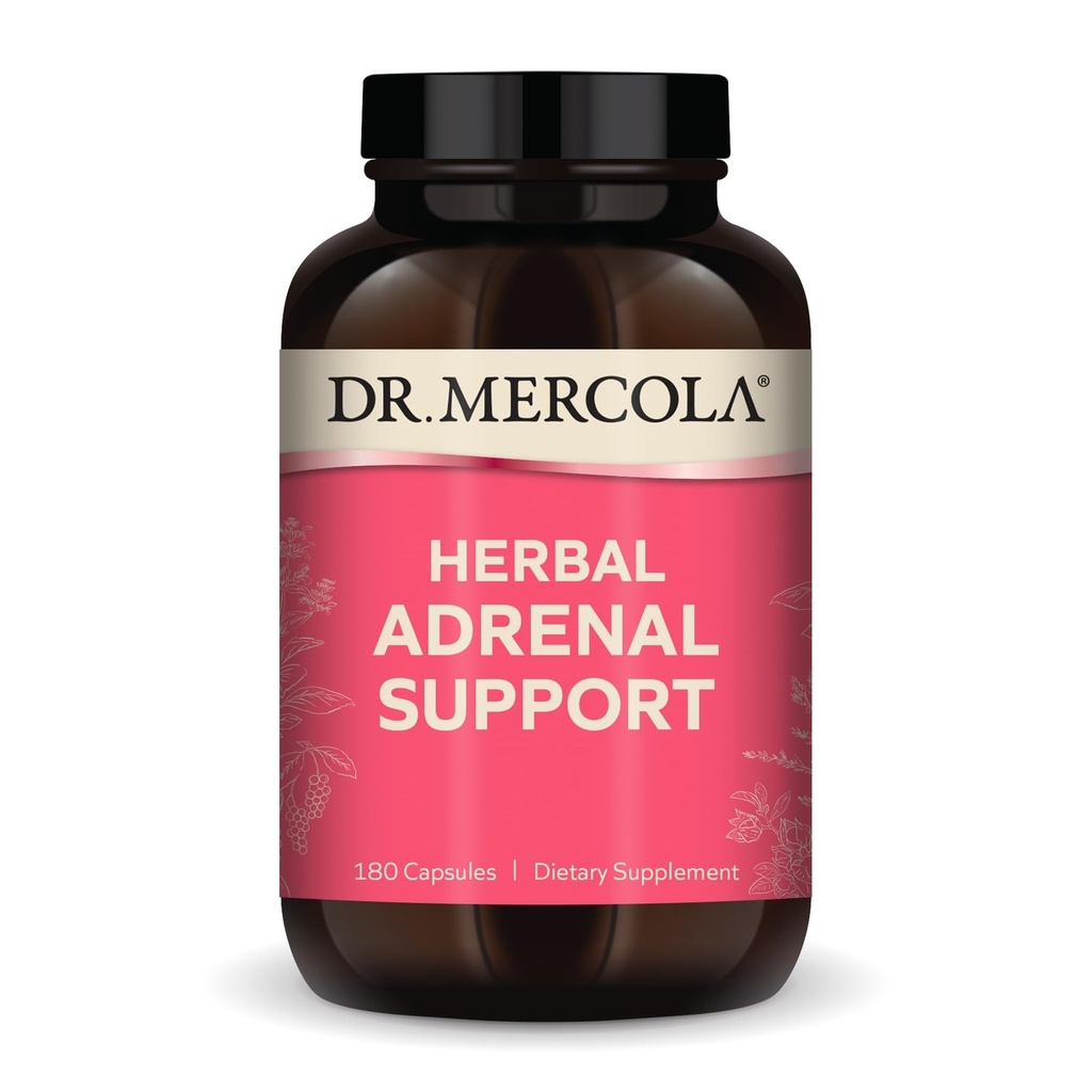 Dr. Mercola Herbal Adrenal Support, 90 Servisov (180 kapsúl), Diétne Supplement, Mood and Stres Management, Non-GMO
