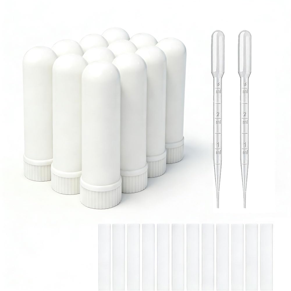 12 Sedí esenciálny olej Aromaterapia Tubes Inhalátor Sticks Prázdne nosové inhalátory (12 Kompletné tyčinky) + 2 Polyetylénové pipety