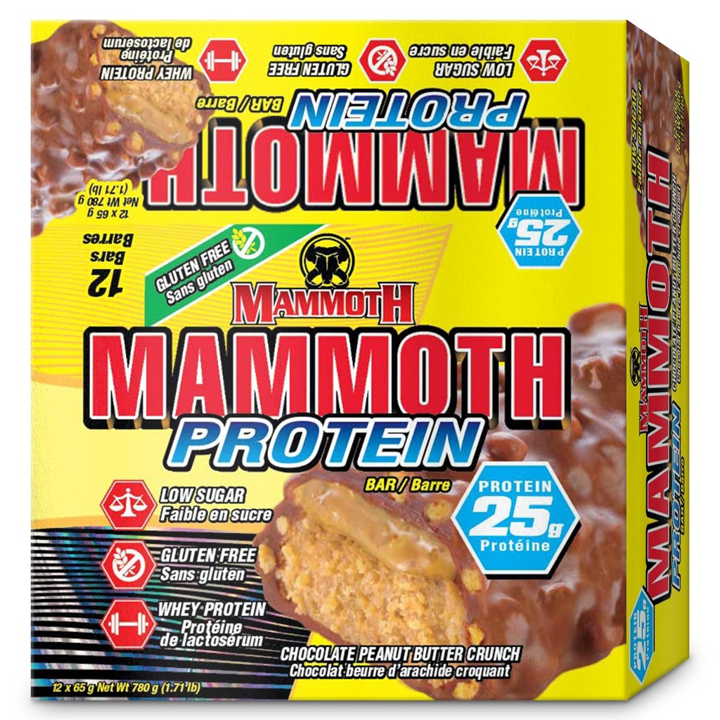 MAMMOTH Protein Bar, Čokoládové arašidové maslo Crunch, 25g Protein, Nízky cukor, Nízky cukor, Gluten Free, 12 x 65g (12 Počet) (Chocolate Arašidové maslo Crunch) (12 Počet, Čokoládové arašidové maslo Crunch)
