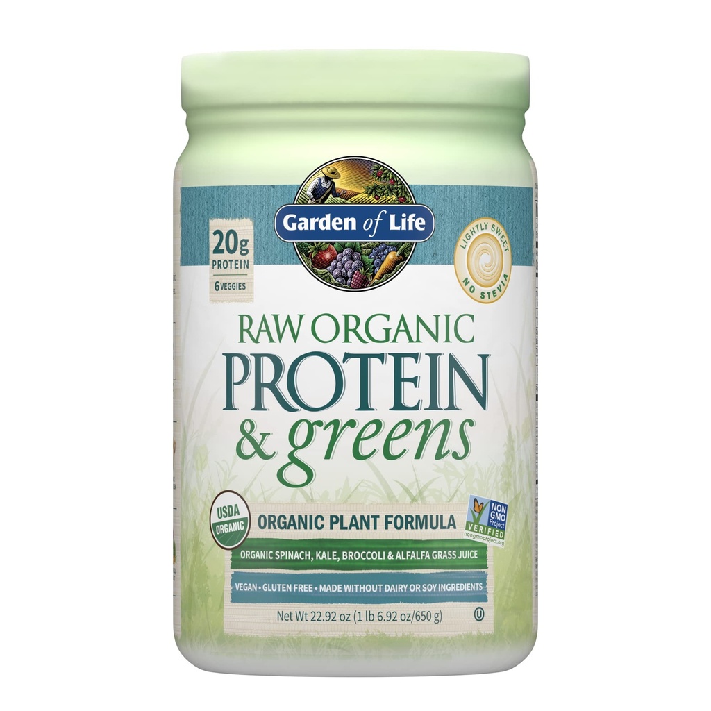 Záhrada života Raw Organic Protein & Greens Lightly Sweet, Vegan Protein Powder for Women and Men, Plant and Pea Protein, Greens, Probiotiká, Gluten Free Low Carb Shake Made Without Dairy 20 Servings