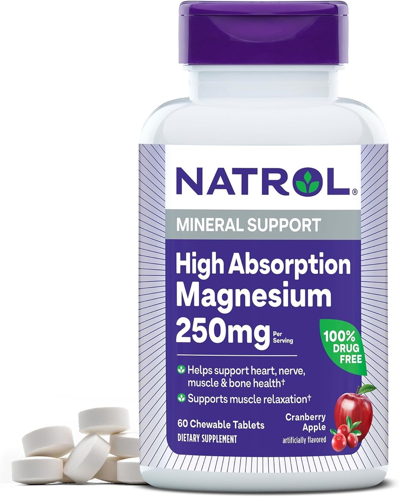 Natrol High Absorption Magnesium 250 mg, Dietary Supplement to Support Heart, Nerve, Muscle and Bone Health, 60 Cranberry Apple-Flavored Chewable Tablets, 30 Day Supply