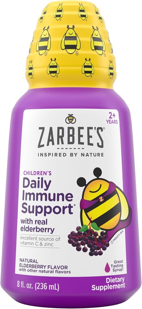 Zarbeeho bazový sirup pre deti, denná imúnna podpora s vitamínom C a zinkom, detské tekuté doplnky, prírodná Berry Flavor, 8 fl oz