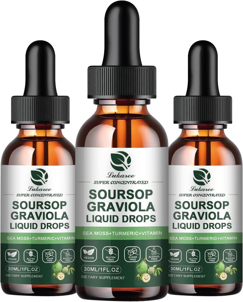 (3 balenia) Soursop Graviola Leaf Extract Liquid Drop Plus Pure Botanical Sea Moss for Cell Support & Regeneration, Imunity, Pečeň, Gut & Antioxidant - Soursop Bitters Liquid, 90 Day Supply, 1 Fl Oz