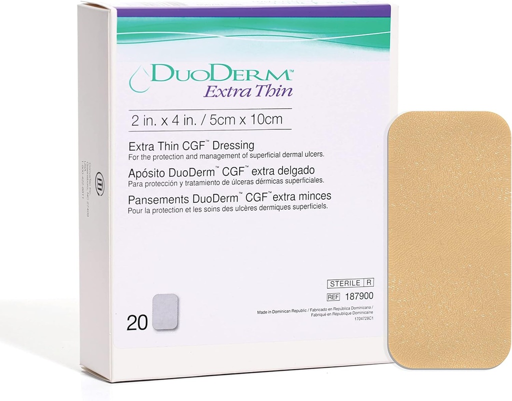 ConvaTec DuoDERM Extra tenký ovládací gél Formula 2"x4" Hydrokoloid Sterilná adhezíva Obliekanie pre povrchové rany, nízka trenie, Flexibile, Latex-free, vodeodolný, Obdĺžnik, Béžová, 20ct Box