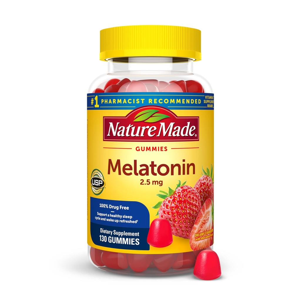 Nature Made Melatonin Gummies 2,5 mg, 100% Drug Free Sleep Aid pre dospelých, Melatonin Supplement 130 Count, 130 Day Supply