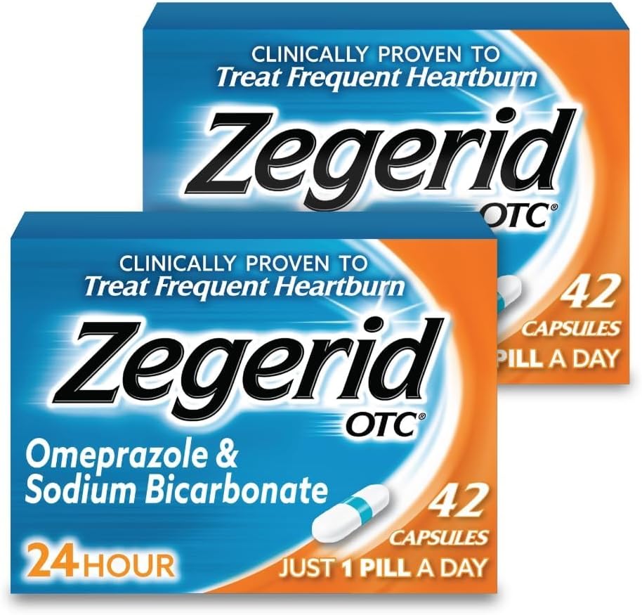 Zegerid OTC, Omeprazol Plus bikarbonát sodný, 24 hodín, inhibítor protónovej pumpy (PPI), liek na pálenie záhy, liek na zníženie kyseliny, dve 42ct škatule