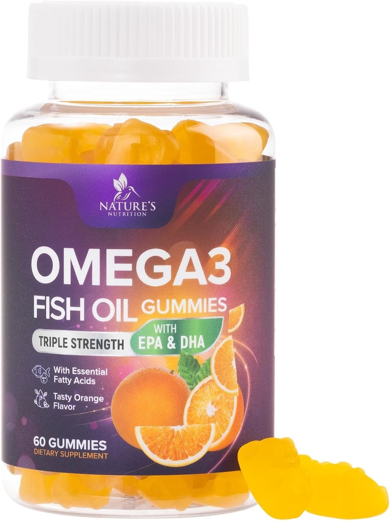 Omega 3 Rybí olej Gumies - Srdce Zdravie Podpora Omega 3 Gumový doplnok pre dospelých & Deti s vysokou absorpciou DHA & EPA, Joint & Brain Podpora, Delicious Orange Fish Oil Vitamíny, 60 Gummies