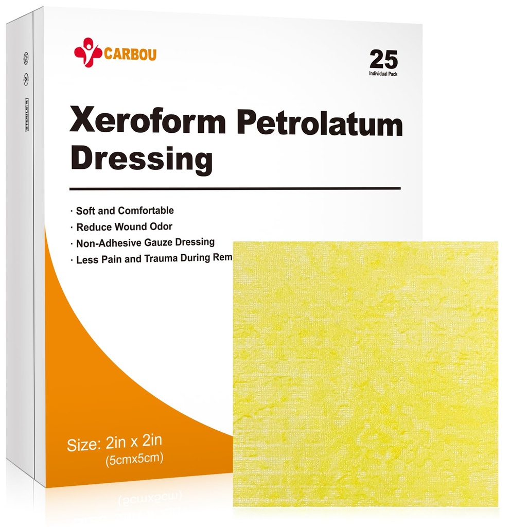 Carbou Medical Xeroform Petrolatum Dressing 2"x2," 25 Individuálne balenie, nepríbuzné štítky na pery, jemné jemné mesh Gauze Patch pre starostlivosť o rany, popáleniny, lacerácie, kožné remene a chirurgické rezy