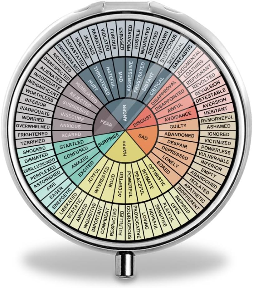 Wheel of Feelings Pill Box Purse Pocket Small Round Pill Case Decorative Box Metal Medicine Vitamin Pill Organizer Portable Unique Gift, 19.68in/50cm, Silver 1