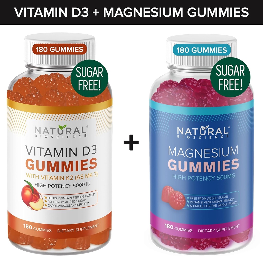 Bezcukrové vitamíny D3 K2 Gummy (180 Gumiem) a bez cukru Extra sila Magnézové Gumičky (180 Gummies), Vitamín D3 Gummies 5000 IU+K2 MK7 80 mcg, Dusičnan horečnatý 500 mg