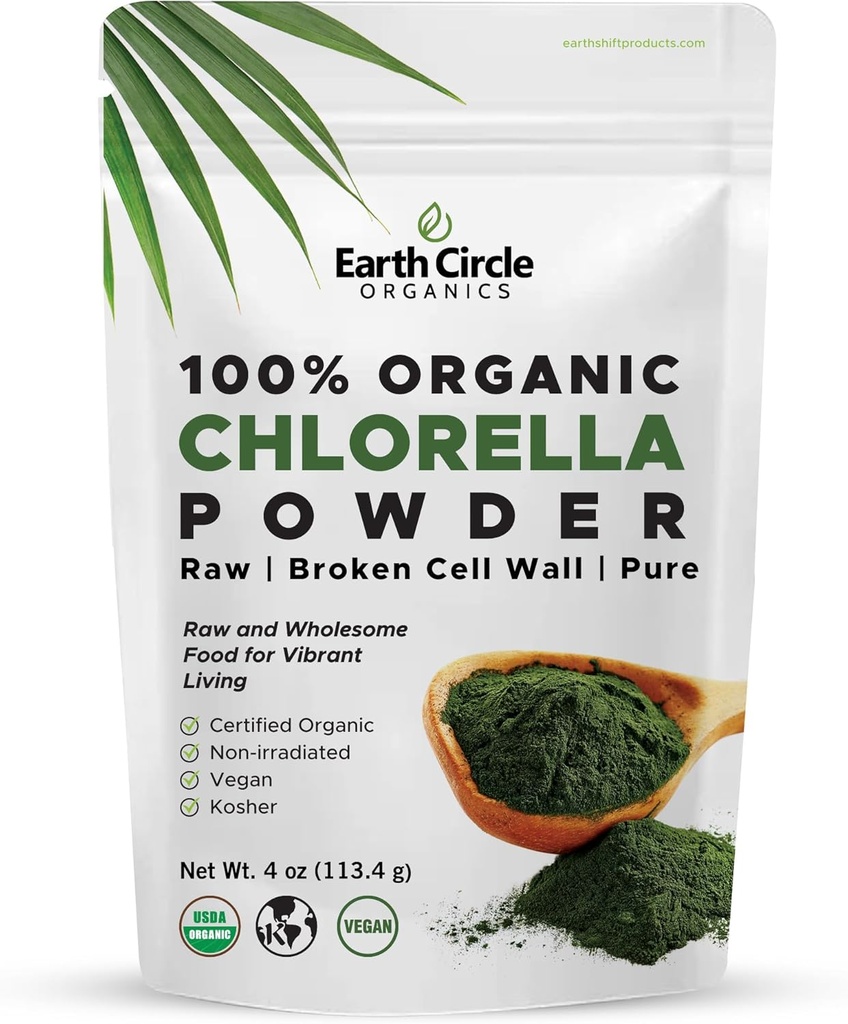 Earth Circle Organics Organic Chlorella Powder Superfood | Kosher | Broken Cell Wall Chlorophyll, Vegan, Super Green Algae, Clean Chlorella, High in Protein, Fiber & Amino Acids - 4oz